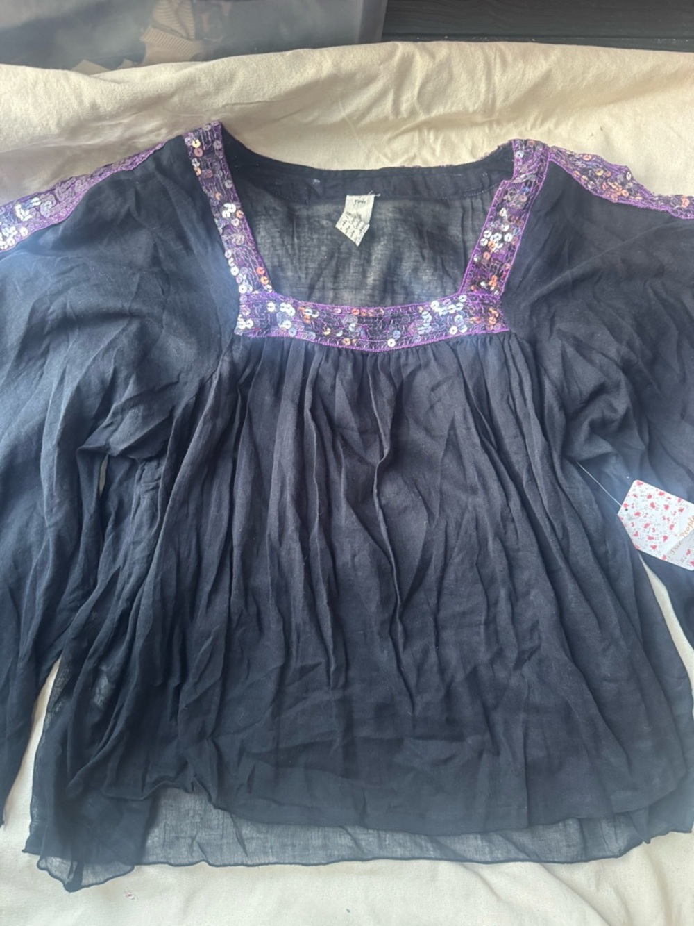 Free People Black Peasant Blouse with Purple Sequin Trim